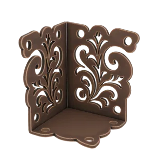Rendu 3D d'une équerre décorative avec volutes ornées dans une finition bronze.