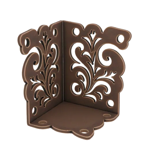 Rendu 3D d'une équerre décorative avec volutes ornées dans une finition bronze.