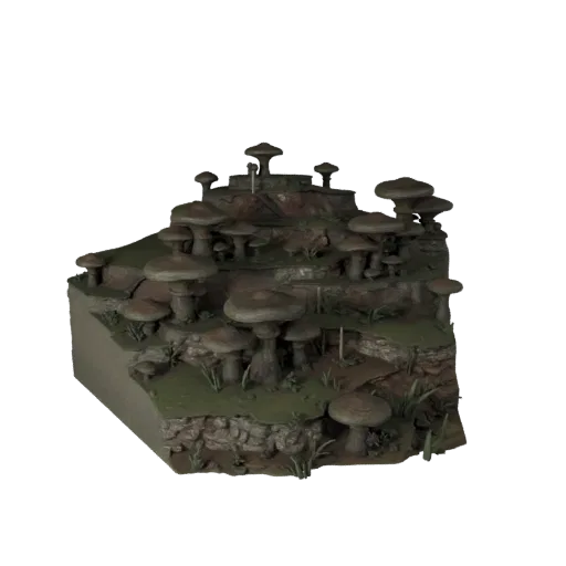 Alien Mushroom Biome High Poly 3D model, close-up cinematic environment render, showing terrain layers, terrain detail.
