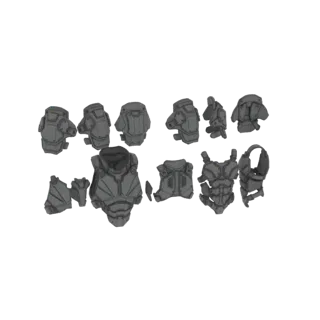 Una collezione di pezzi di armatura toracica modulare sci-fi grigi disposti su sfondo nero, mostrando vari design e component