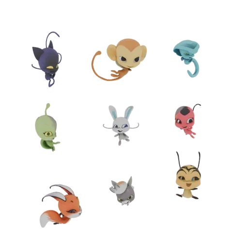 A 3D render showcasing a collection of nine colorful and distinct Miraculous Ladybug Kwami characters arranged in a grid.