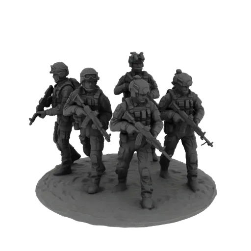 A 3D render of a five-soldier modern military squad in tactical gear, holding assault rifles, standing on a textured base.