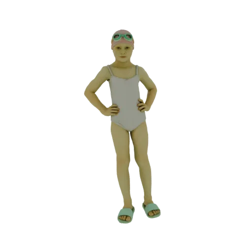 3D model of a young girl wearing a white swimsuit, pink swim cap, and blue goggles, standing with hands on hips.
