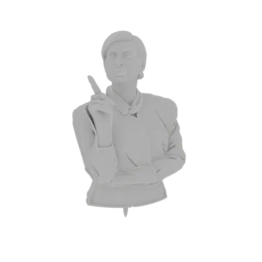 3D model render of a grey bust of a woman with short hair, wearing a collared jacket, and raising her index finger.