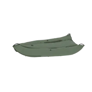 3D model of an olive green inflatable kayak, viewed from the side against a white background.