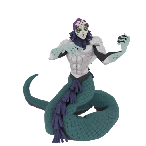 Modelo 3D de Muzan Kibutsuji em sua forma de serpente, com torso musculoso e cauda longa e escamosa, segurando uma orbe escur