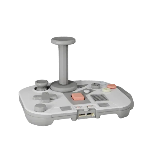 Next Gen Arcade Stick 3D model, three-quarter front view, Unity viewport, showing matte plastic, console proportions.