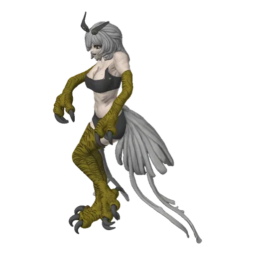 3D model of a Harpy Warrior with bird-like talons, feathered wings, and a fierce expression, rendered against a white backgro