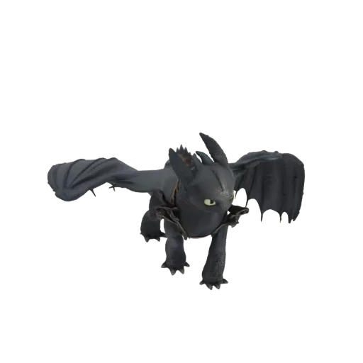 3D model of Toothless the dragon from How to Train Your Dragon, in a dynamic flying pose with wings spread.
