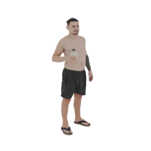 3D-Modell eines Mannes in dunkler Badehose mit weißer Wasserflasche, mit Tattoos auf dem linken Arm.