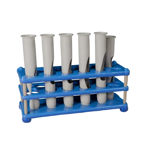 Research Test Tube Rack Stylized 3D model, stylized isometric render, showing glass, recognizable lab forms.