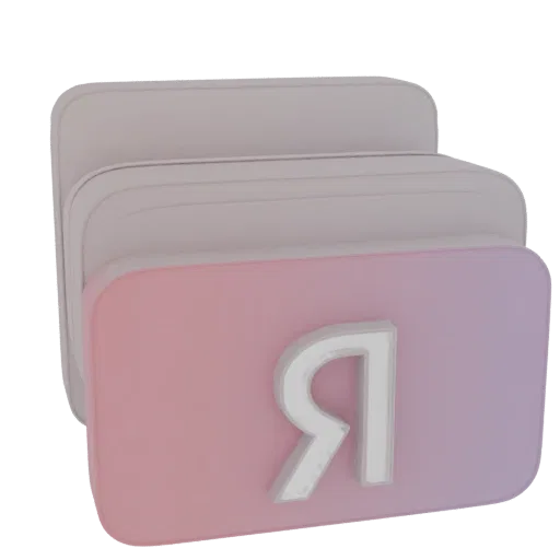 Rendering 3D del logo Yandex Pay con simbolo 'Я' su sfondo gradiente rosa-viola, presentato su carte impilate.