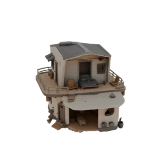 Modelo 3D de casa desértica de dois andares com porta e janelas abertas, mostrando interior detalhado com móveis.