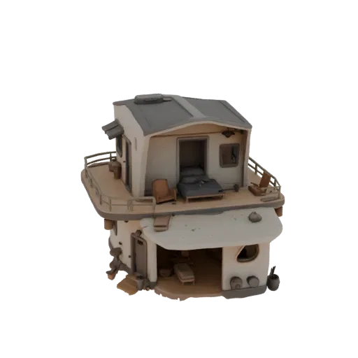 3D model of a two-story desert house with an open door and windows, showcasing a detailed interior with furniture.