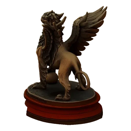 3D model of a bronze griffin statue with outstretched wings, standing on a decorative base with a sphere at its feet.