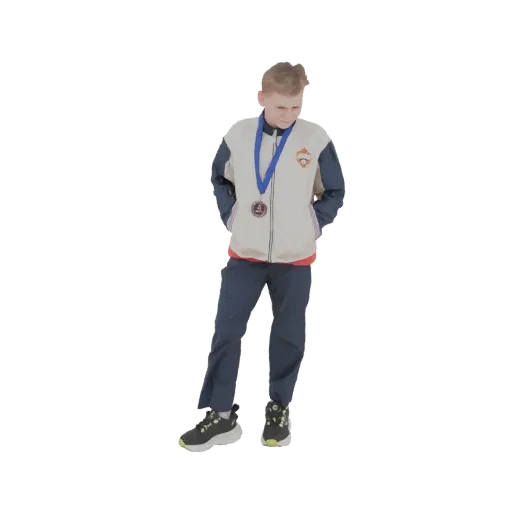 3D model render of a young boy wearing a medal, with hands in pockets and a slight smile.