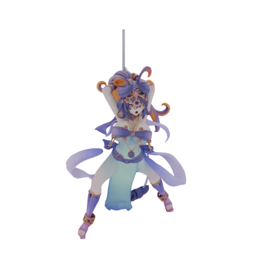 3D model of a mystical dancer with purple hair, blue and purple attire, and flowing translucent ribbons, posed dynamically.
