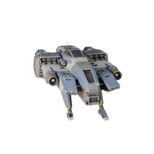 Raumschiff 3D-Modell, Dreiviertel-Frontansicht, Unity-Viewport, mit leuchtenden Streifen, starker Prop-Silhouette.