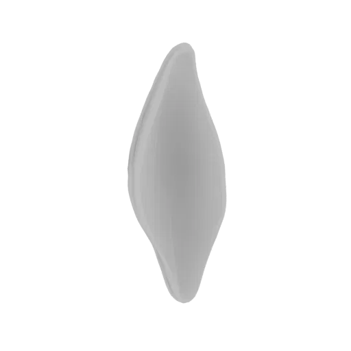 Rendu 3D d'une sculpture abstraite grise et lisse en forme de flamme, sur fond blanc.