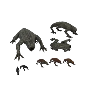 A 3D render of a grey alien creature in various poses, with smaller brown versions and a human figurine for scale.