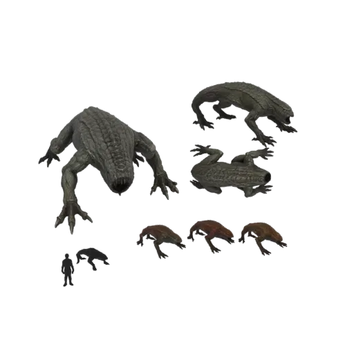 Un rendu 3D d'une créature extraterrestre grise dans diverses poses, avec des versions plus petites en marron et une figurine