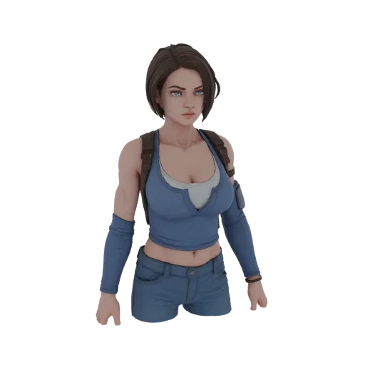 3D model of Jill Valentine from Resident Evil, wearing a blue tank top and denim shorts, with a determined expression.