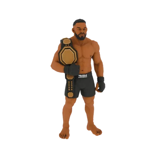 3D model of a muscular MMA fighter with a championship belt slung over his shoulder, standing against a white background.