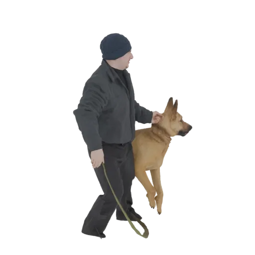 Modelo 3D de um homem de gorro e jaqueta escura segurando um cachorro marrom claro.