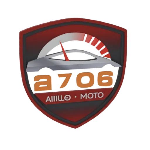 3D model render of the A706 car emblem, featuring a silver car silhouette, speedometer, and red shield border.