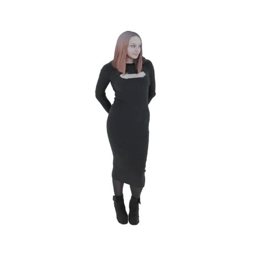3D model of a woman with ombre hair, wearing a long-sleeved black midi dress and black ankle boots, standing with hands behind her back.