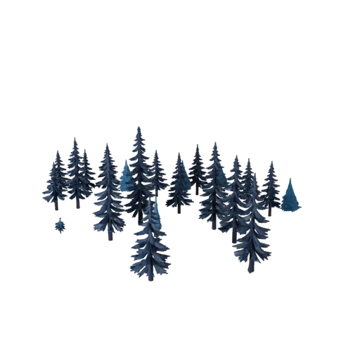 Snow Pine Forest Biome Low Poly 3D model, game viewport three-quarter view, showing terrain layers, terrain detail.