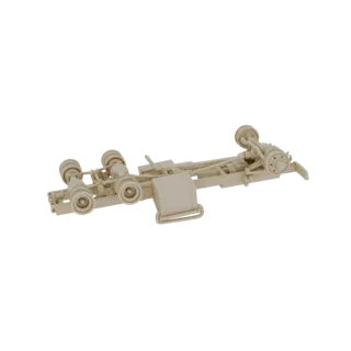 3D model of a vintage truck chassis with dual rear axles, fuel tank, and suspension, viewed from a side angle.