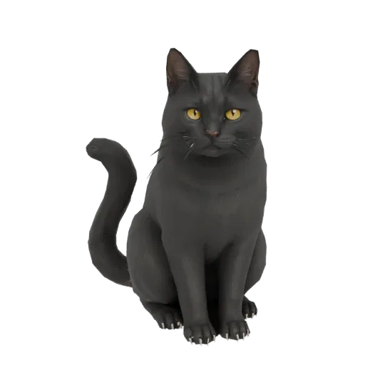 Modèle 3D réaliste d'un chat noir assis avec des yeux jaunes, rendu sur fond blanc.