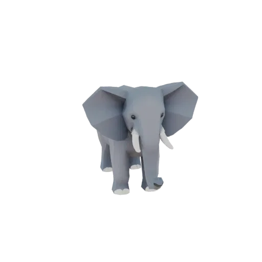 Low poly 3D model of a gray elephant with large ears and tusks, standing on a white background.