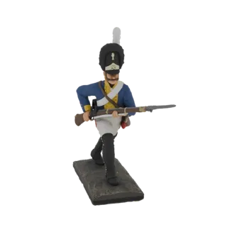 3D model of a Napoleonic grenadier soldier in a blue uniform, marching with a musket, on a grey base.