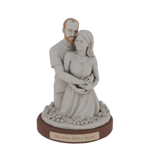 3D model of a couple embracing, with the man's arms around the woman, standing on a base covered in small flowers.