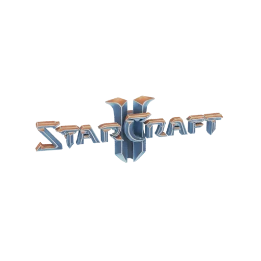 Modèle 3D du logo StarCraft II, avec texte bleu métallique et bronze et l'emblème 'II' iconique.