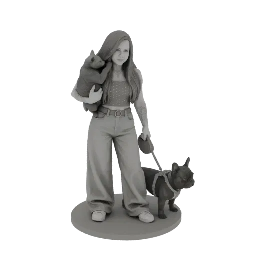 3D model of a woman holding a bear cub and walking a French Bulldog on a leash, presented on a circular base.