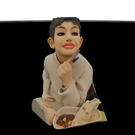 3D model of a whimsical child figure with large eyes, holding a feather and a tray of stylized food items.