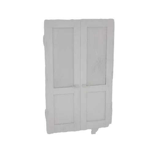3D model of classic white double doors with frosted glass panels and subtle silver handles, presented against a white backgro