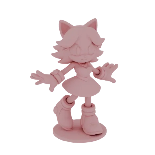 3D model of a pink cat girl character with large eyes, pointed ears, wearing a dress and boots, with arms outstretched.