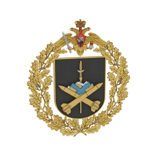 3D model of a Russian military emblem with a golden oak wreath, crossed rockets, a sword, and an eagle crest.