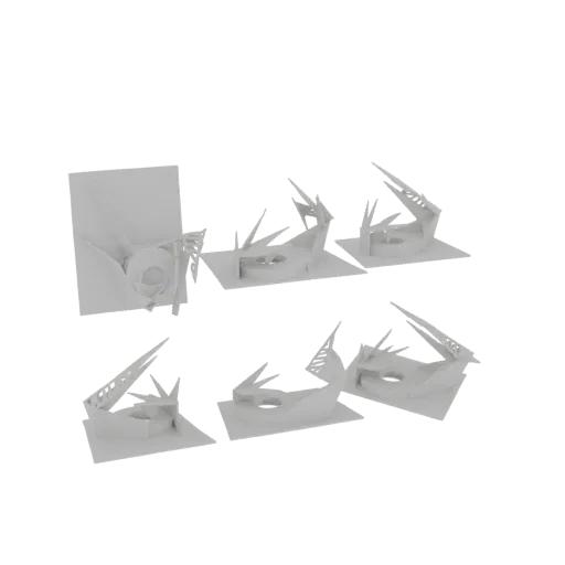 A 3D render of a set of abstract geometric sculptures with sharp angles and dynamic, intersecting planes.