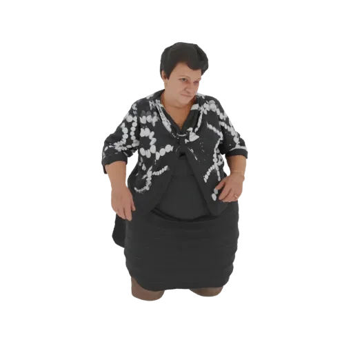 Modello 3D di donna con abito nero e giacca nera con motivo astratto bianco, in piedi su sfondo bianco.