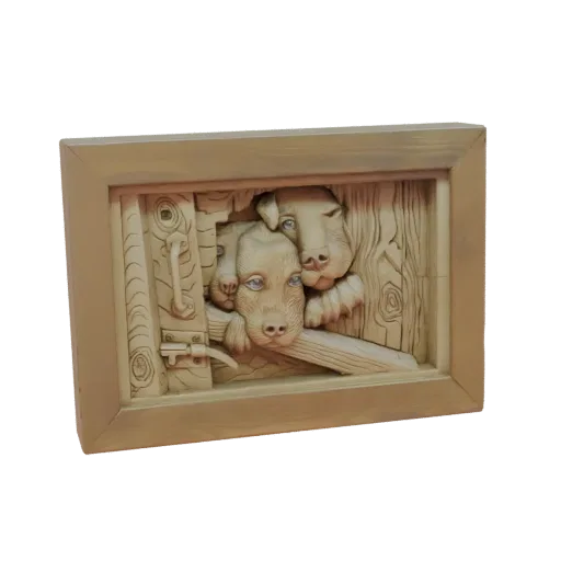 3D model of three cute puppies with blue eyes peeking through a wooden barn door, rendered in a relief sculpture style.