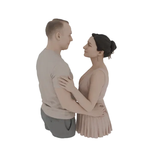 3D model of a man and woman embracing romantically, looking into each other's eyes, rendered on a white background.