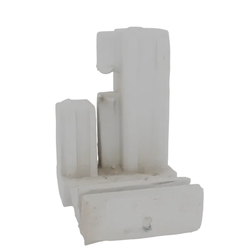 3D model render of a white plastic window glider clip with interlocking features and mounting points.