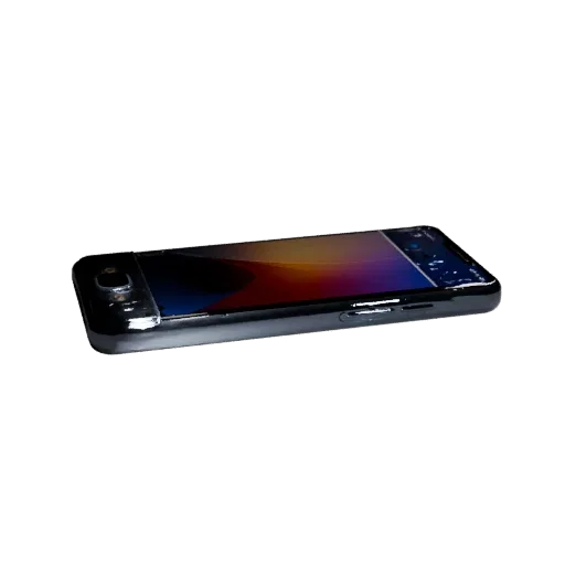 Flagship Gaming Phone Realistic 3D model, three-quarter studio render, showing glass screens, thin device proportions.