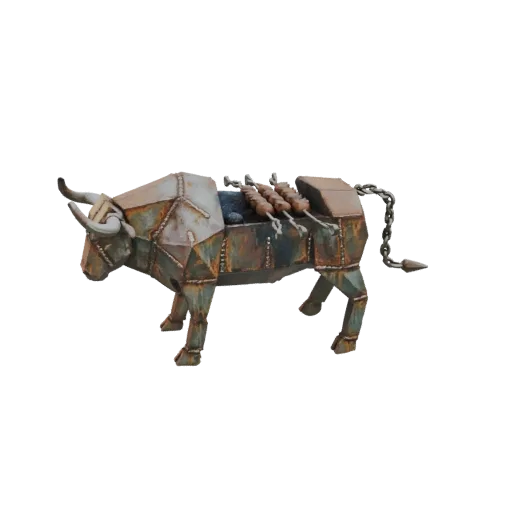 3D-Modell eines geometrischen Grills in Stierform mit rustikaler Metalloberfläche und drei Spießen auf dem Rücken, isoliert a
