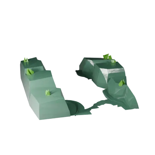 Jungle Lagoon Scene Low Poly 3D model, game viewport three-quarter view, showing wet stone, layered vegetation clusters.